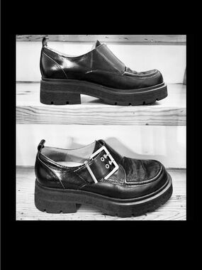 Y2K ALL BLACK Chunky Black Leather Slip-On Loafers with Buckle Anthropologie